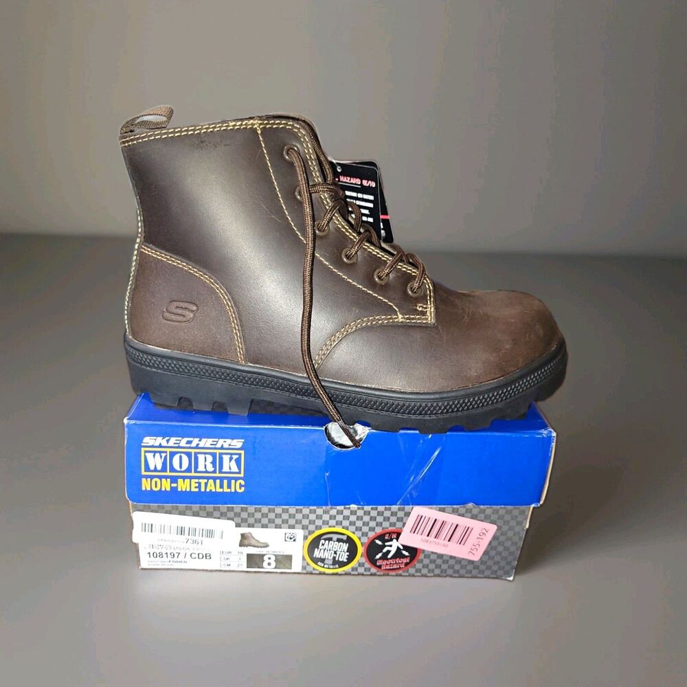 Skechers Work Rotund Finnen Women 8 Brown Carbon Nano Safety Toe Boots NIB - Picture 2 of 4